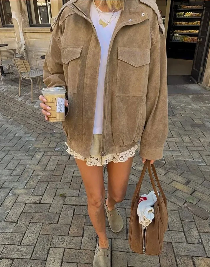 

Осенняя модная женская куртка 2025 года, однотонная уличная куртка для женщин, модные куртки на молнии, пальто с карманами и длинными рукавами