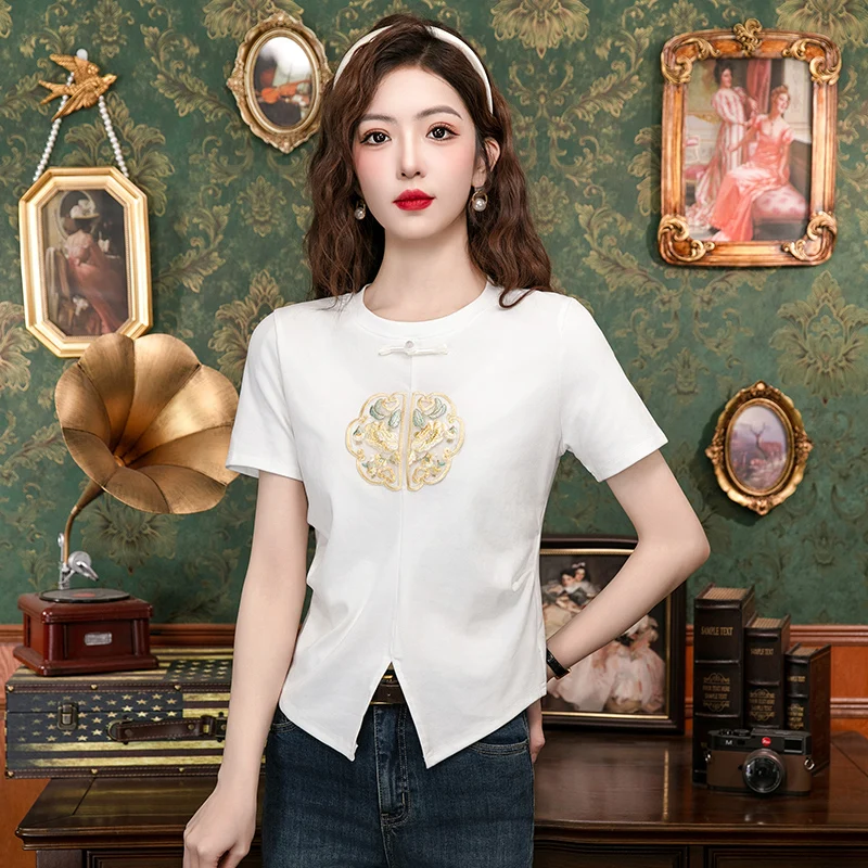 New Chinese Style Buckles Embroidery Short Sleeved T-shirt for Women Summer 2024 New Design Split Cotton Tops