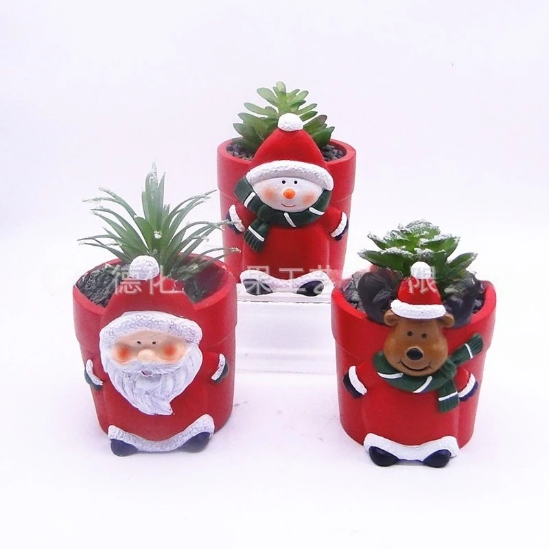 Christmas Planter Santa Snowman Reindeer Succulent Pot Cement Red Decor for Home Desk Tabletop Garden Gift