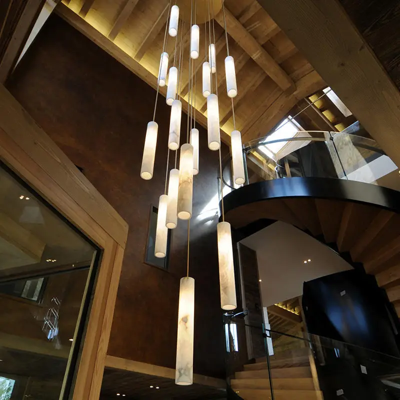 Dining Rooms Cylindrical Alabaster  Chandelier Rain Lighting Staircase Duplex Building Staircase Corner Pendant  Alabaster Lamp