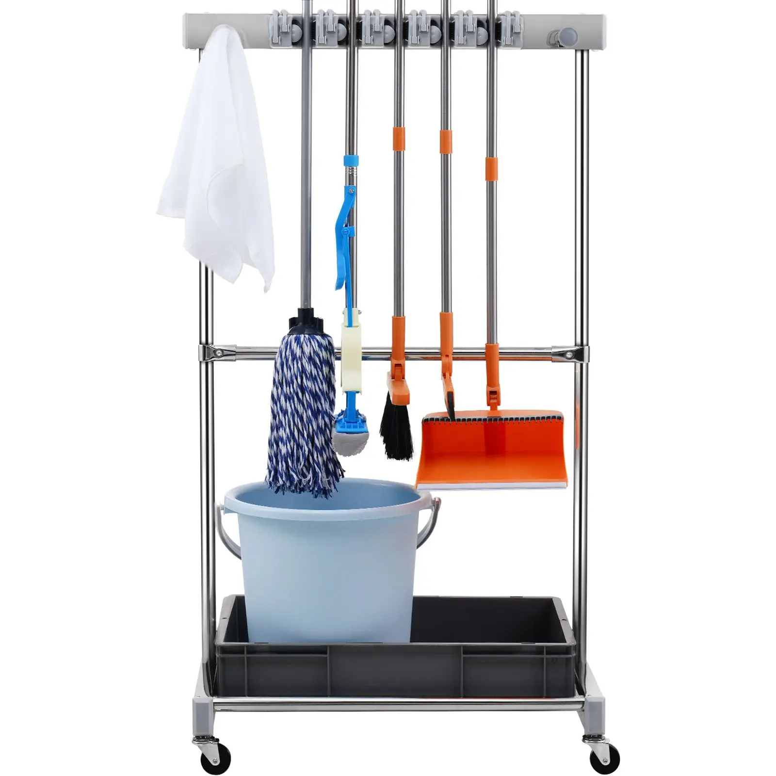 Garden Tool Organizer, 10 Slots with Hooks, Yard Tower Rack Wheels for Garage Organization and Storage, Hold Long-Handled