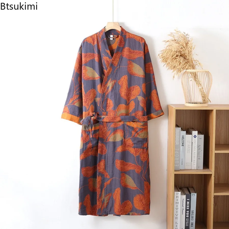 

2025 Men's Printed Cotton Loose Fitting Bathrobe Nine Inch Sleeve Style Tie Up Bathrobe Sweat Steaming Cotton Pajamas Robes Men