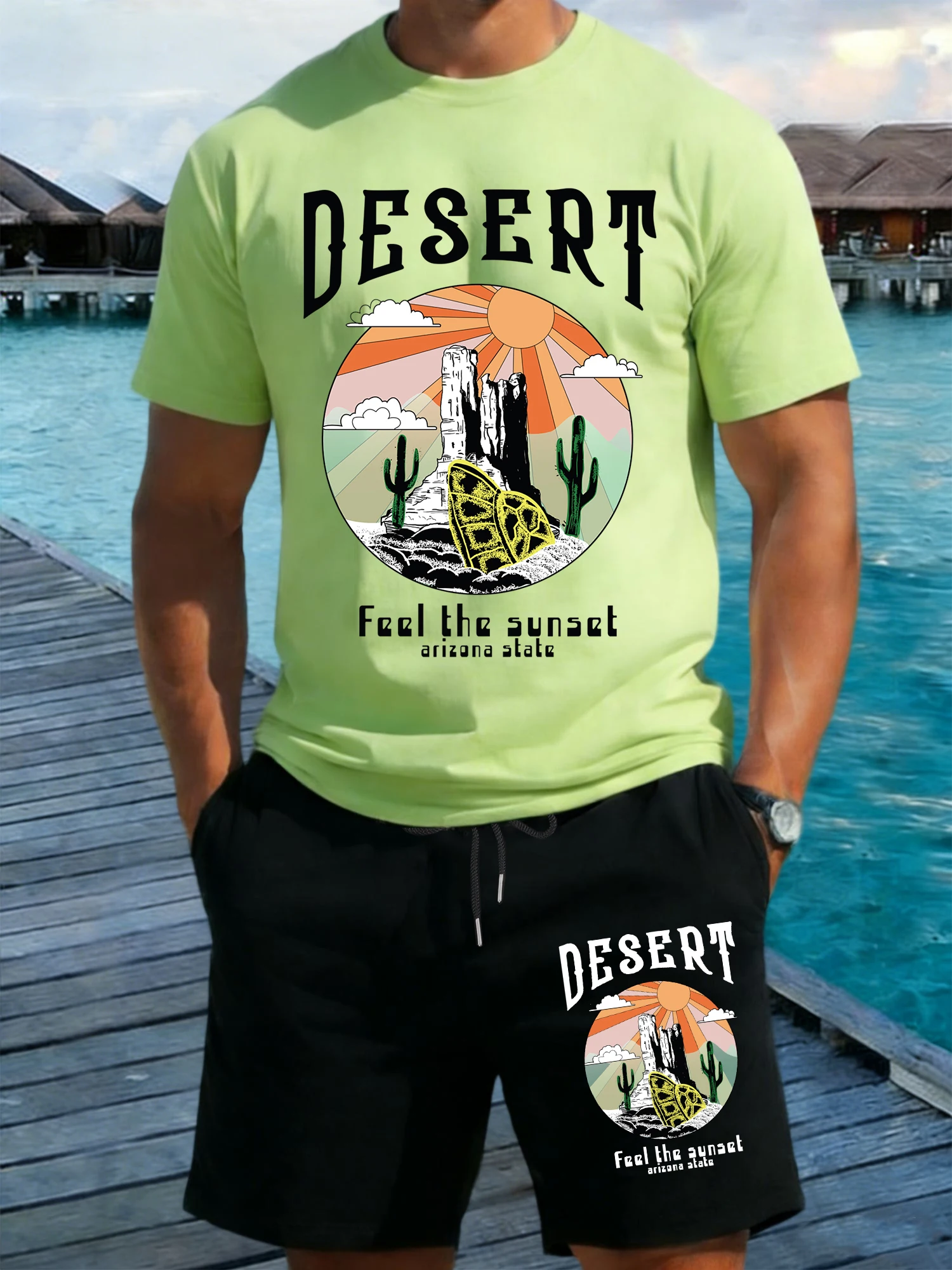 

Desert Feel The Sunset Printing T-Shirts Set Man Cotton Loose T Shirt Wide-Leg Drawstring Shorts Summer Pocket Black Pant