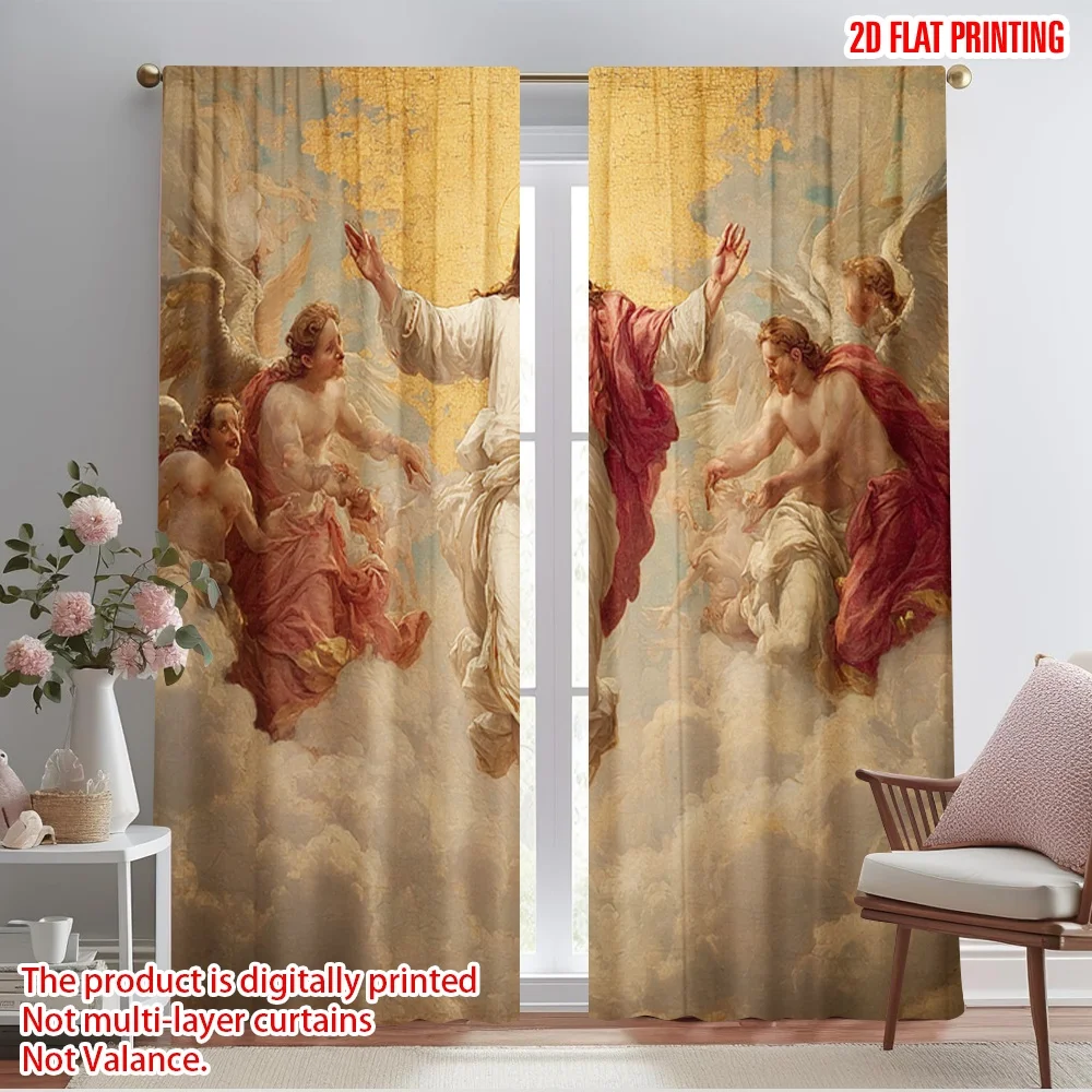 2pcs,2D plane printing Window Curtain Jesus cartoon Versatile 100% Polyester (without rod) Home Decor for Living Room & Bedroom