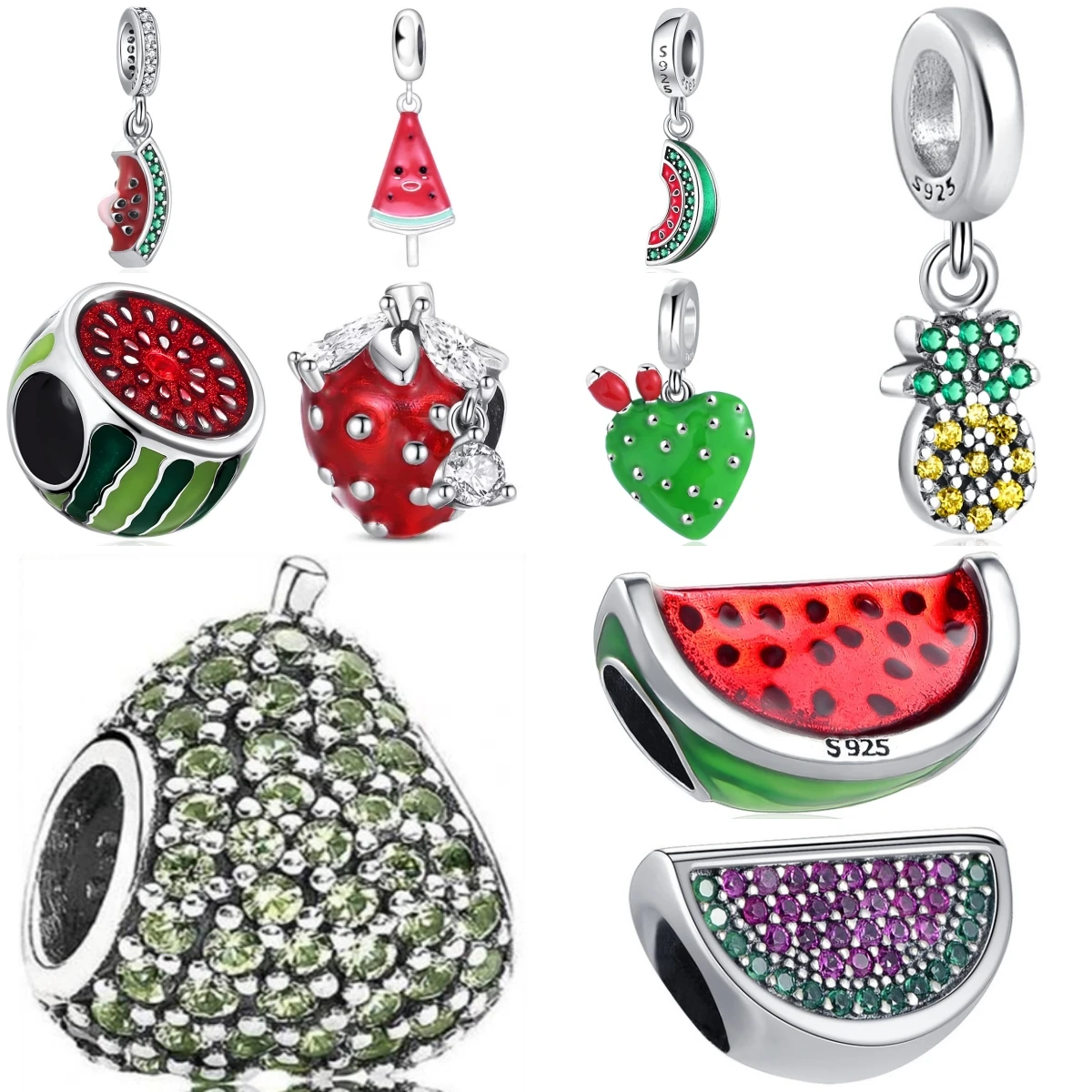 

New 925Silver Summer Fruit Series Watermelon Pineapple Charm Beads Fit for Original Bracelets DIY Women's Jewelry Accessories