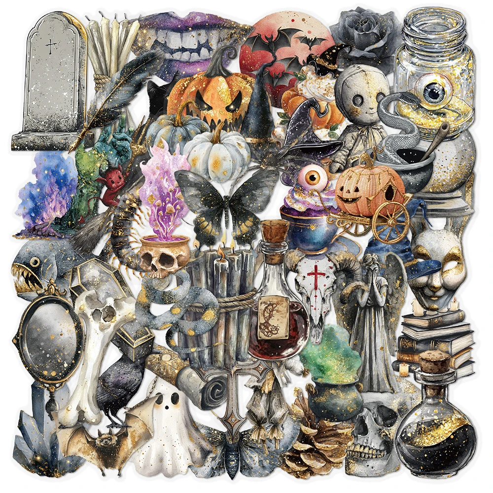 

10/30/50pcs Transparent Horror Gothic Skull Witch Stickers Halloween Cartoon Sticker Motorcycle Suitcase Phone Cool Decals Pack