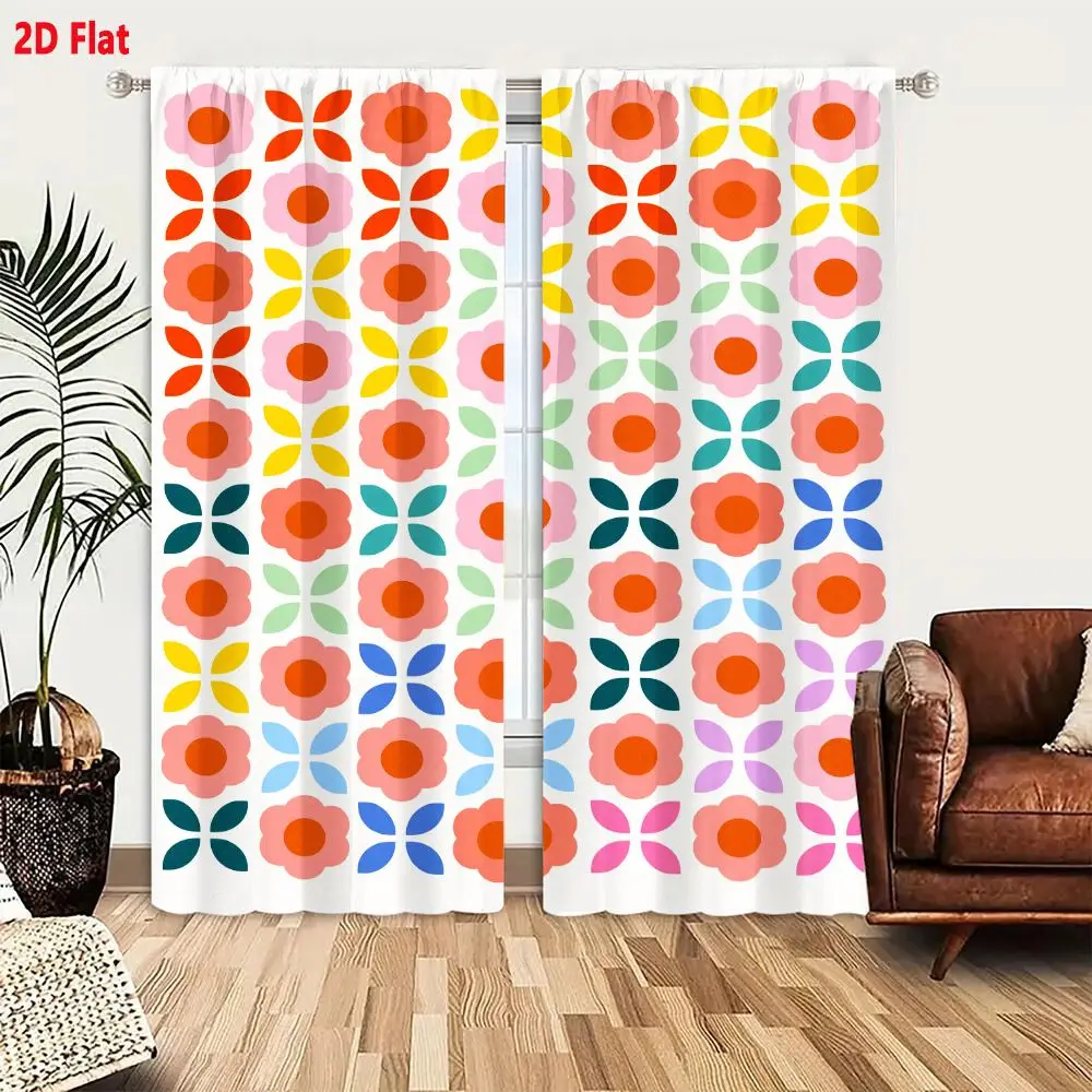 2Pcs Curtains 2D Flat Colorful Grid Pattern With Pink Flowers Orange Centers And Decorative Cross Shaped Leaves In Red Yellow Gr