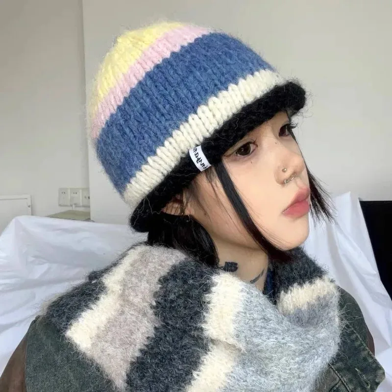 Korean Version Playful Rolled Edge Striped Knitted Hat For Women In Autumn And Winter, Warm Ear Protection, Cold Hat