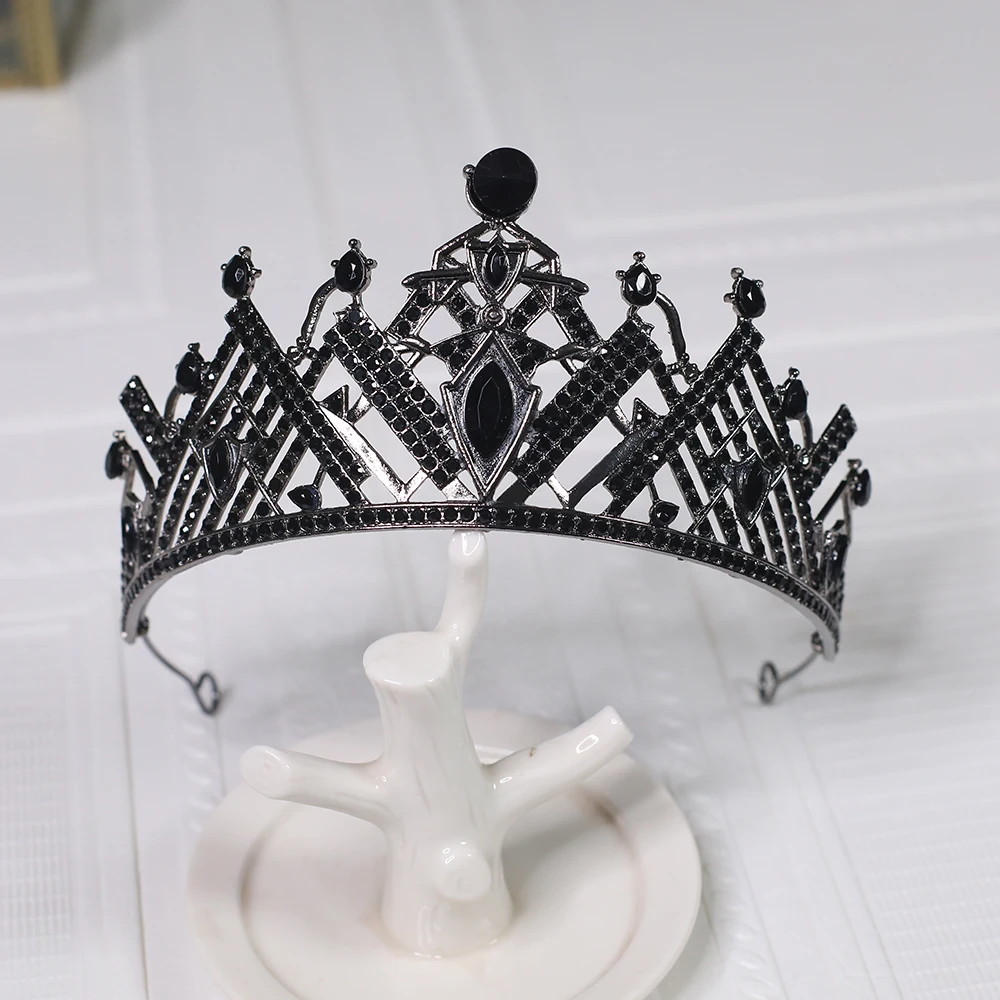 1pc Luxurious Elegant Crystal Hair Accessory Black Retro Baroque Crown Suitable Men Women Wear Jewelry Parties Ceremonies Tiaras