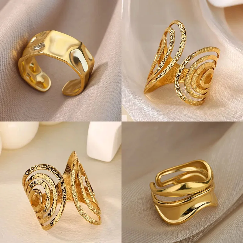 Fashion Spiral Rings for Women Gold Color ‌Stainless Steel Geometric Opening Ring Aesthetic Wedding Durable Jewelry Gift