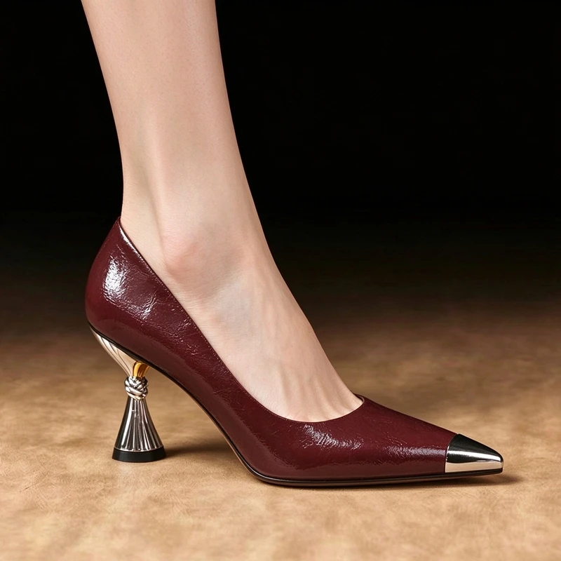 Women's new spring and autumn genuine leather metal toe, leopard print high heels,high-end temperament fashion single shoes