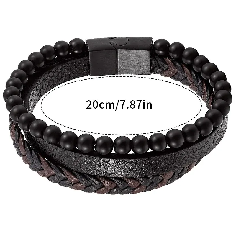 Men Classic Fashion High Quality Leather Bracelet Obsidian Beaded Multi Layer Leather Bracelet For Men Jewelry Gift image 6