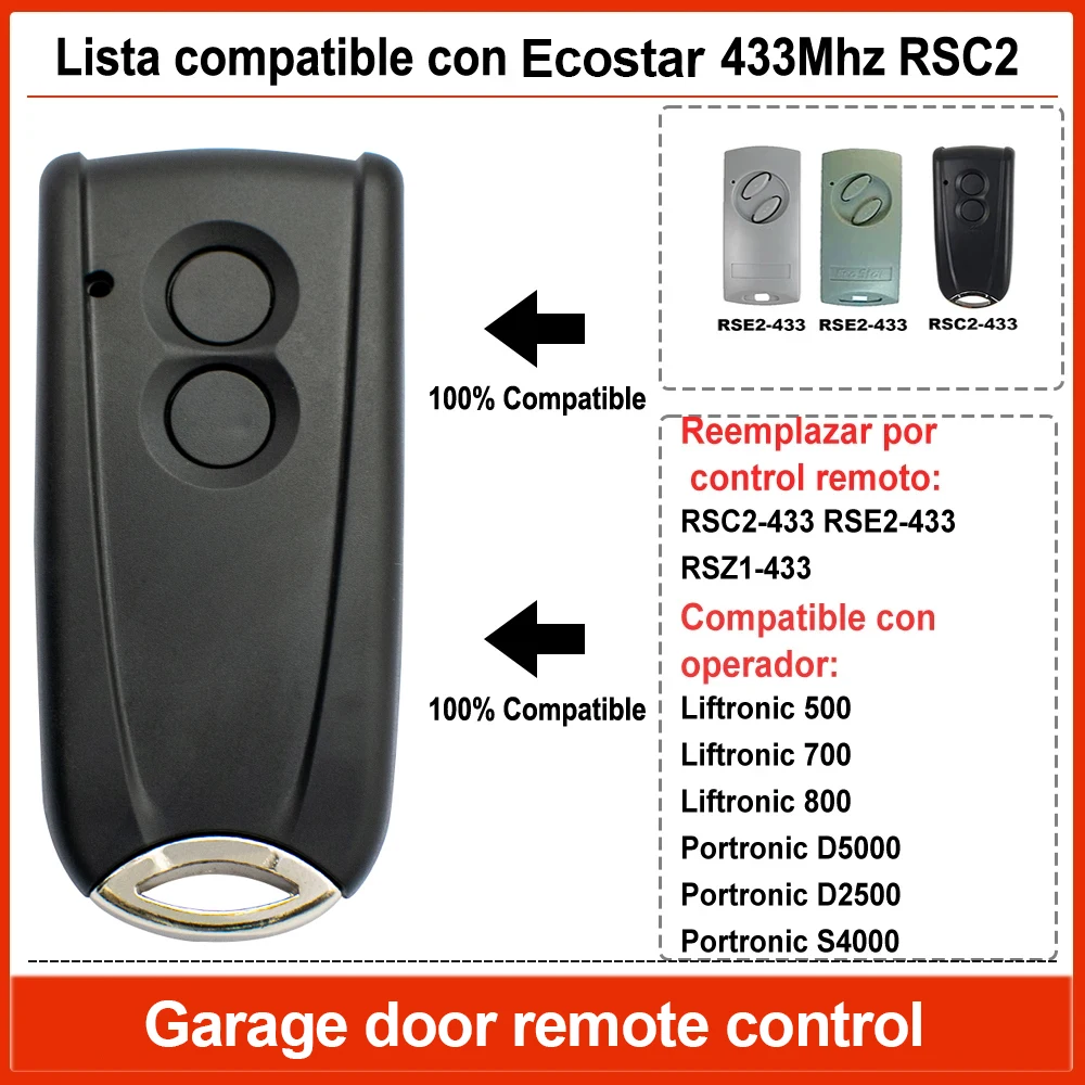 2 Buttons ECOSTAR RSC2 RSE2 433 Garage Door Remote Control For Liftronic 500 700 800 433.92MHz Rolling Code Transmitter Opener