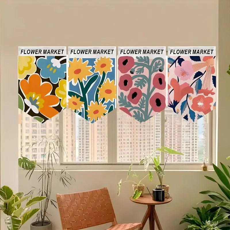 VIKAMA Flower Market Floral Triangle Curtain, 6 Designs, Doorway Decor for Bedroom Living Room Kitchen