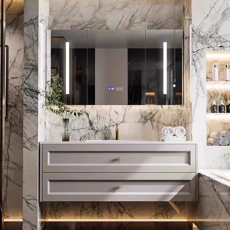 

French light luxury bathroom cabinet combination paint oak cabinet washbasin toilet washstand customization