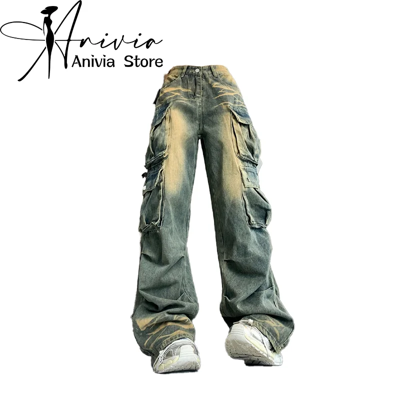 Women's Blue Y2k Cargo Jeans Baggy Harajuku Denim Trousers Wide Leg Jean Pants Vintage Streetwear Aesthetic 2000s Trashy Clothes