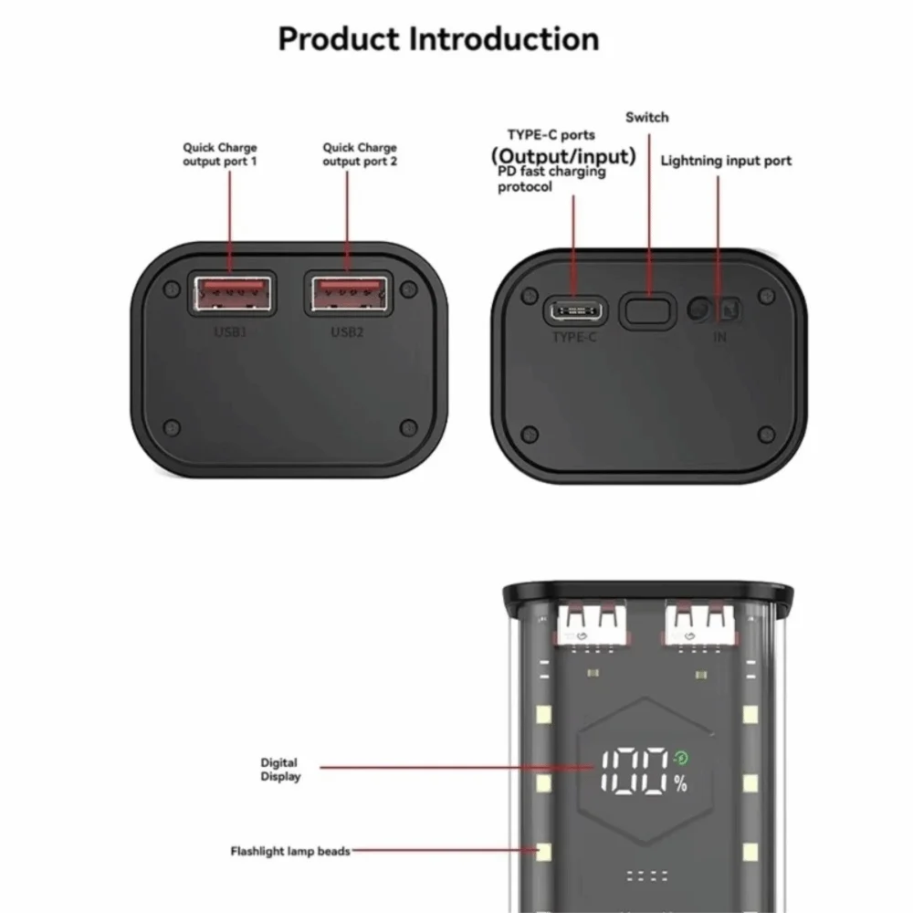 4* 21700 Power Bank Case Portable Detachable External Battery Pack LED Display Digital Display Battery Shell Travel Use