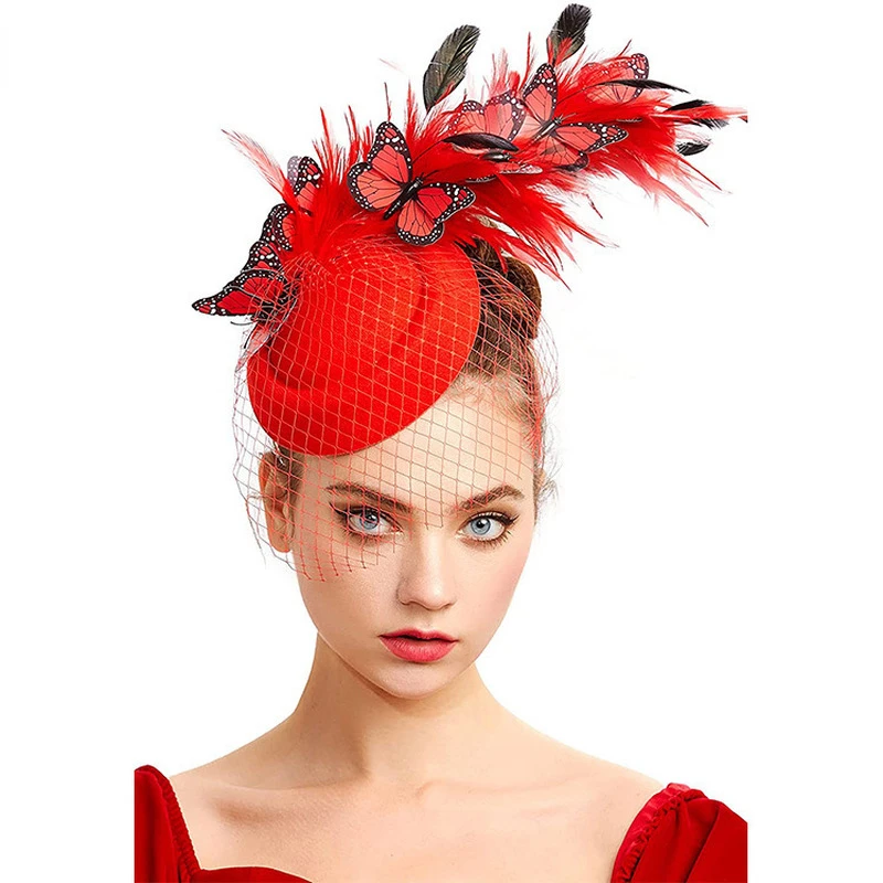 Bride Fascinator Hats For Weddings Accessories Women Elegant Butterfly Headwear Ladies Feather Church Fedora Cap Hair Pin