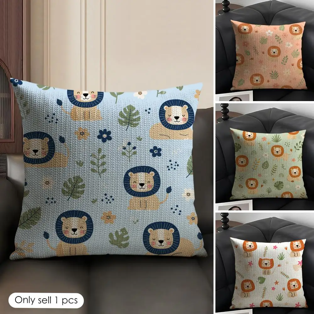 Sunflower Lion Cushion Cover Linen Organic Fabric Double-Sided Printing Sofa Breathable Home Decor Gift Pillow Case