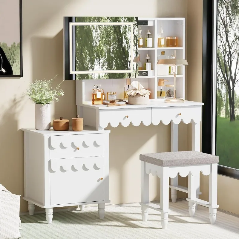 Vanity with 3-color Touch Screen Illuminated Sliding Mirror, Locker and Drawer, with Fluted Petal Pattern with Upholstered Stool