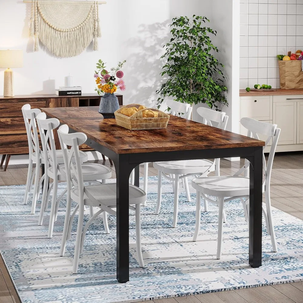 Large Rustic Industrial Style 78.7 Rectangle Wood Dining Table Seats 6-8, Narrow Design for Comfortable Dining