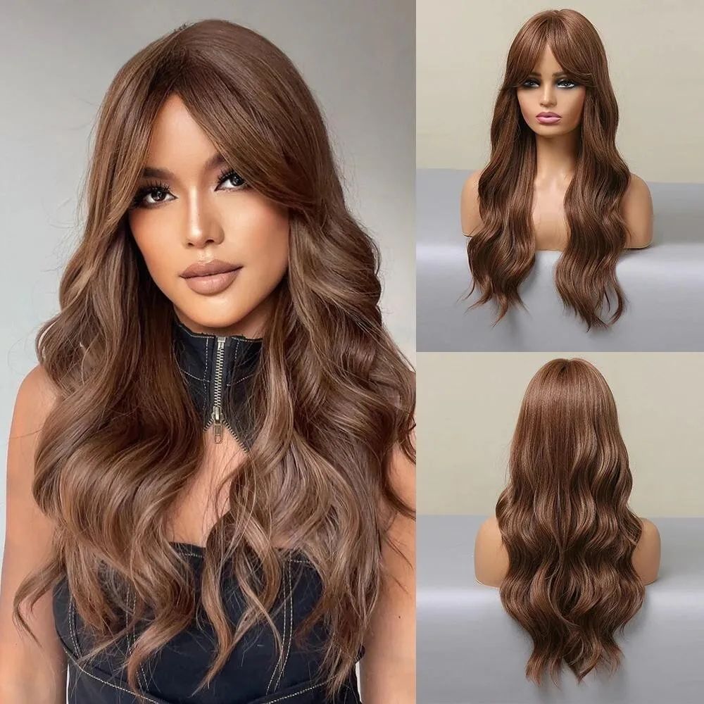 

Long Wavy Chestnut Brown Synthetic Wig with Long Bangs for Women Daily