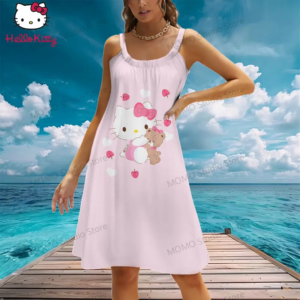 Sling Women's Beach Dress Hello Kitty Y2k Elegant Party Dresses 2024 Lovely Kawaii S-3XL Fashion Street Wear Leisure Cool Summer