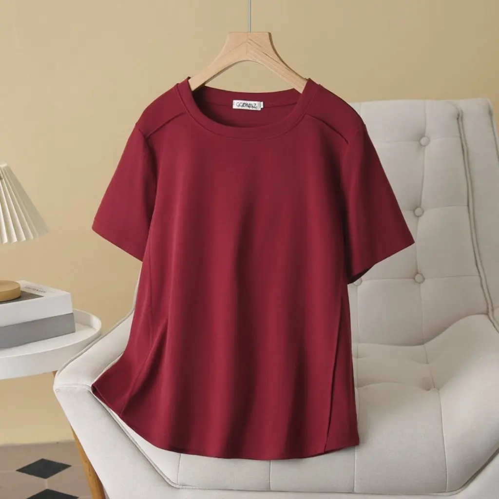 プラスサイズの女性の Tシャツ夏シンプルな半袖クルーネックプリーツストレッチトップ無地オールマッチインナーウェア 023