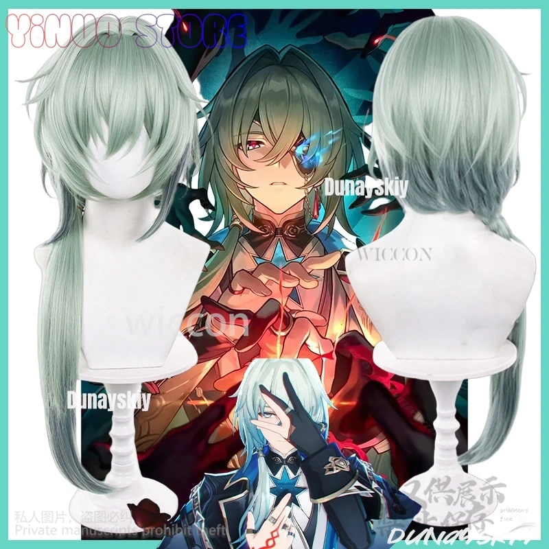 أنكسا تأثيري أنيمي لعبة هونكاي ستار السكك الحديدية زي الأخضر الشعر الطويل الجانب منخفضة ذيل حصان تاتو شعر مستعار لجميع القديسين عيد الميلاد مخصص