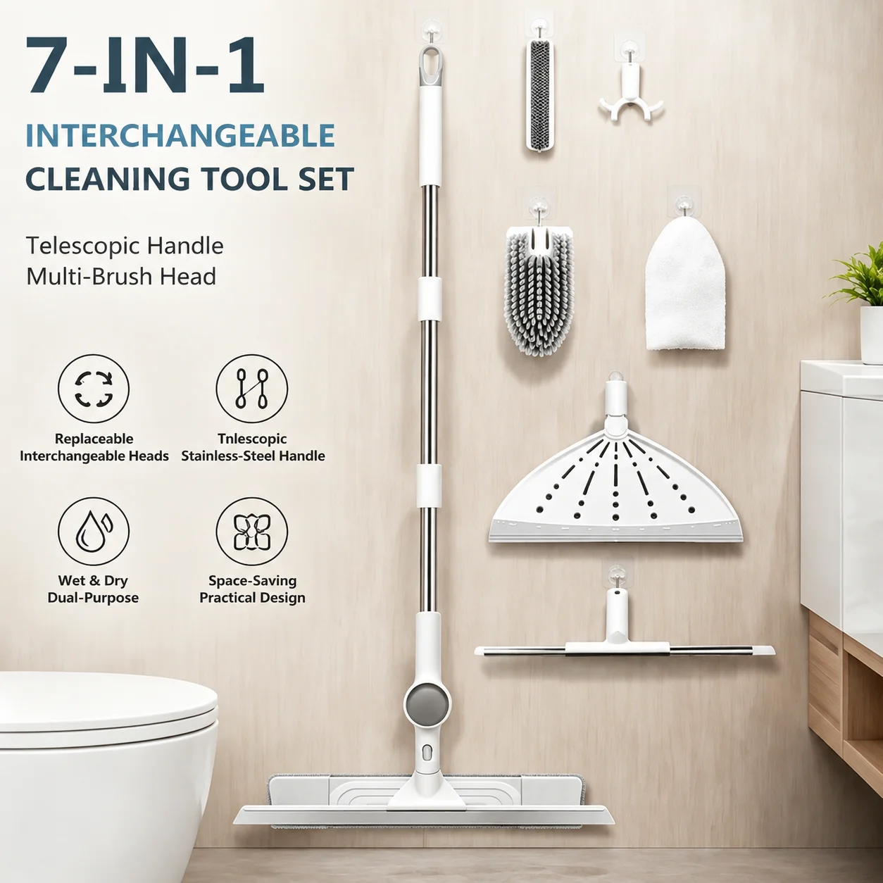 7‑in‑1 All in one Household Cleaning Tool Kit Replaceable Brush  Telescopic Handle Wet Dry Use Space‑Saving for Floor Window