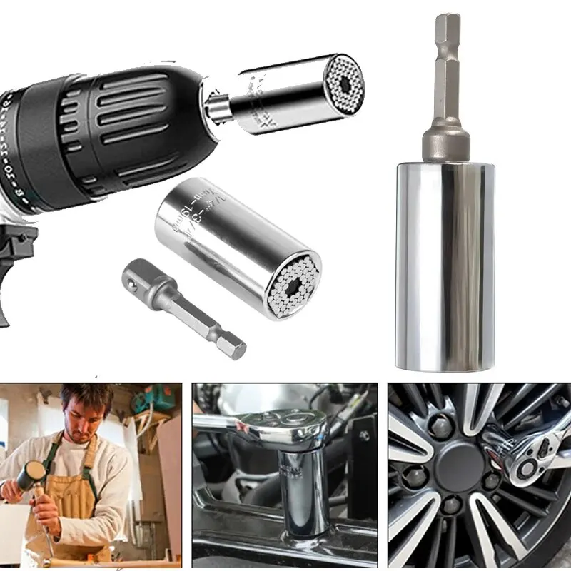 Multifunctional Silvery 7 to 19mm Magic Socket Multi Purpose Wrench Extension Rod Electric Hand Drill Screw Tool Set