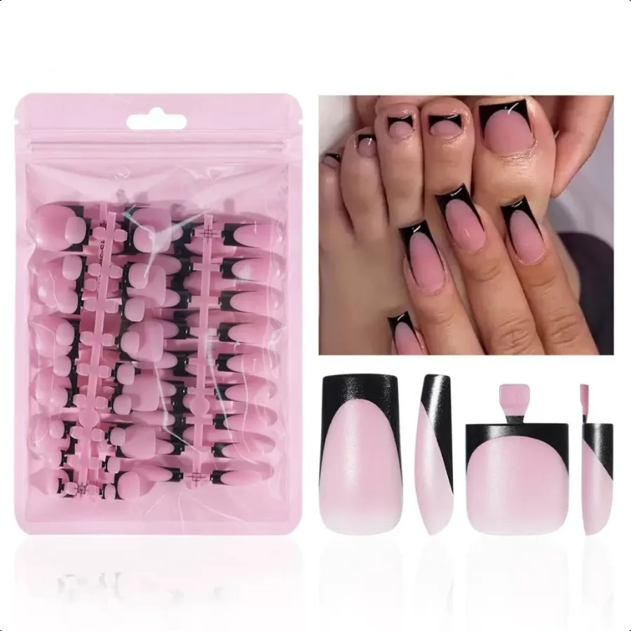 

60Pcs Black French Tip Pr on Nails Pr on Toenails Set Square Pr on Nails Medium Fake Nails Black French Pr on Toe Nails Full Co