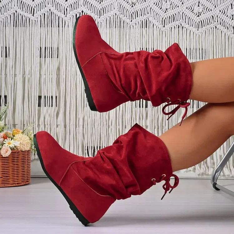 Einteilige Damen-Stiefeletten in Nude – Modische und lässige, elastische, flache Stiefel mit niedrigem Schaft, plissiert, einfarbig, runde Spitze – Detail 7