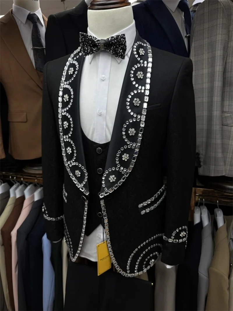 

Black Men Suits Set 2 Pieces Blazer+Pants Trousers Luxury Stone Crystals Wedding Tuxedos Jacket Formal Office Cotton Male Coat