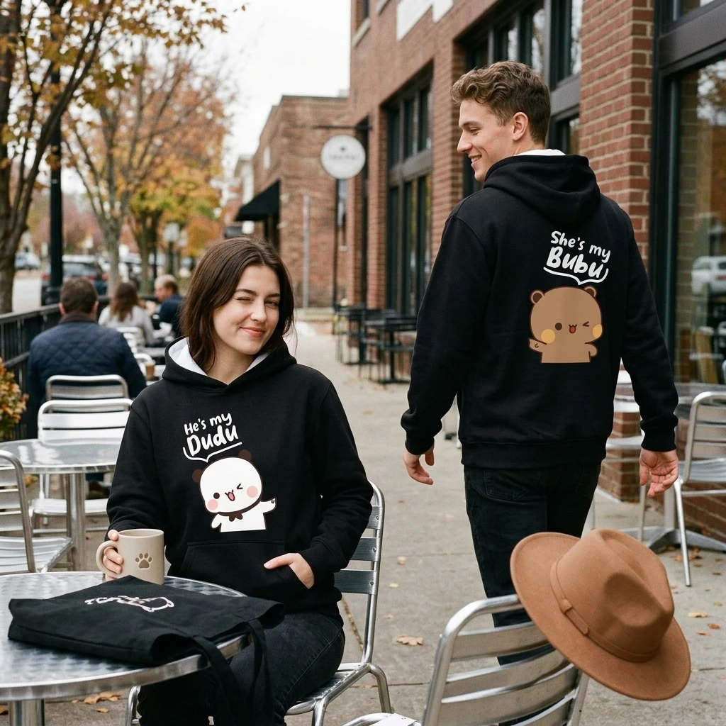 Cute Peach Goma Kawaii Bear Hooded Sweatshirt Long Sleeve Parent-Child Pullover Loose Comfortable Outerwear for Kids And Adults