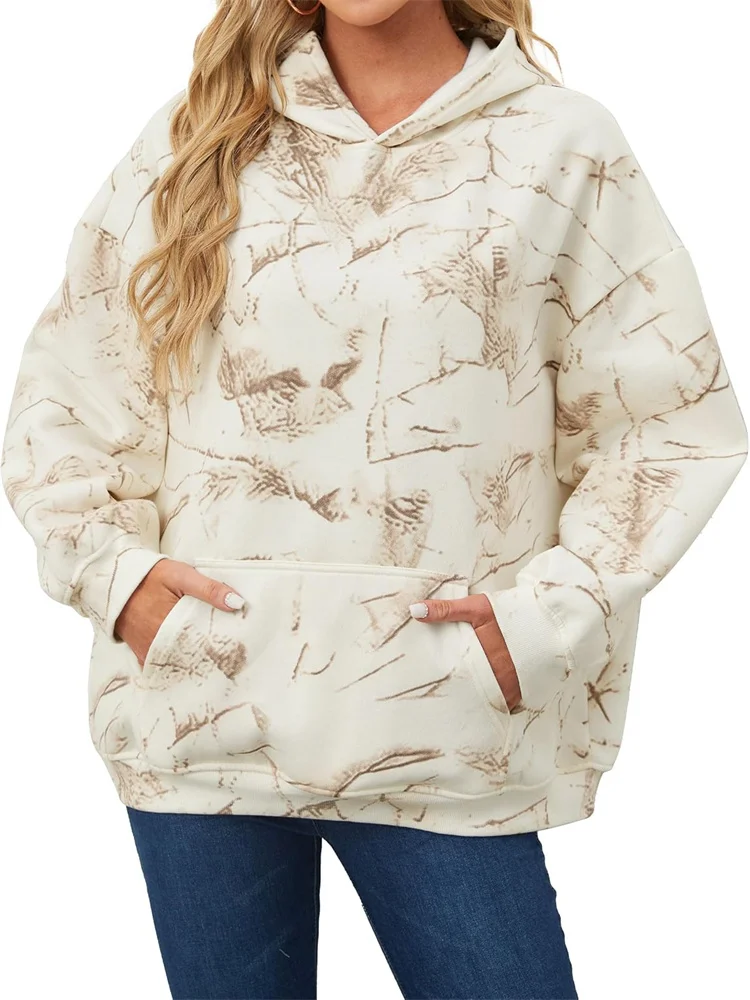 Women Oversized Maple Leaf Print Camo Hoodie Pullover Jumper Workout Hooded Fleece Sweatshirt With Front Pocket