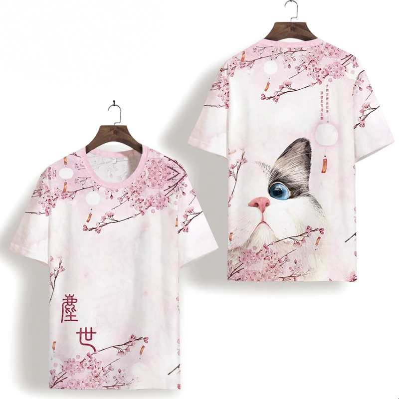 

Pink Cat Pattern 3D Printing Fashion Luxury Short Sleeve Tees Tops SummerNew Quality Hollow Icy Smooth T Shirt Men Oversized 7XL