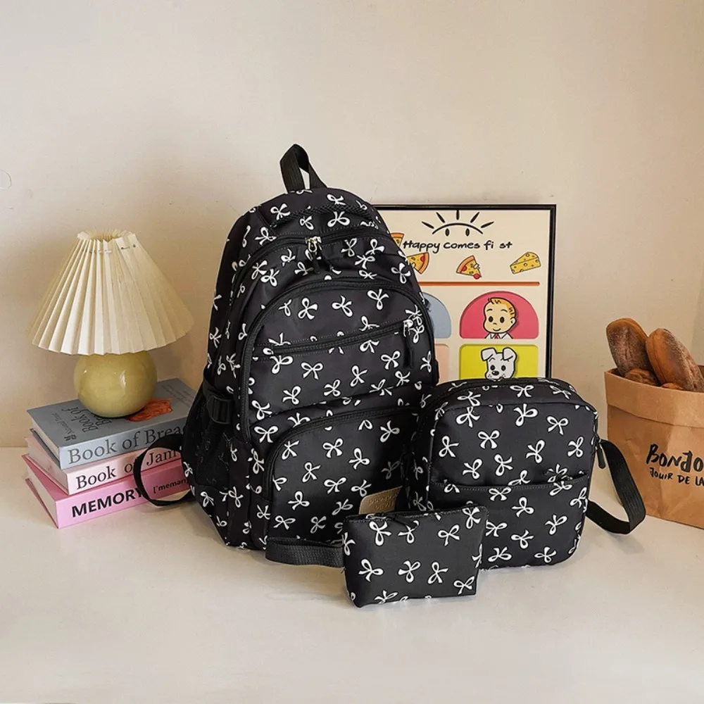 3 قطع/مجموعة حقيبة ظهر لطيفة ذات سعة كبيرة على شكل فيونكة من النايلون بحزام قابل للتعديل حقيبة ظهر للطلاب مطبوعة على شكل فيونكة حقيبة سفر