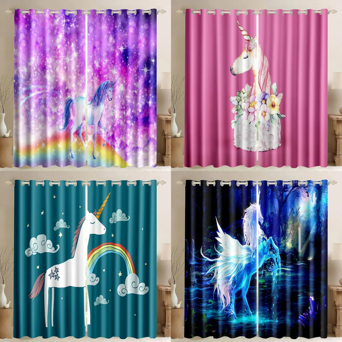 

Unicorn 90% Blackout Curtain Rainbow Thick Window Curtains Unicorn Bedroom Décor for Girls Kids Room Darkening Window Treatment