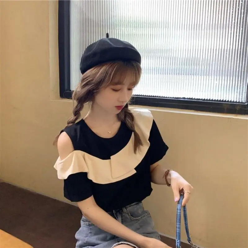 Women Summer French Loose Fashion Ruffles Off Shoulder O-neck Short Sleeve T-Shirt Ladies Casual All-match Appear Thin Top Tee