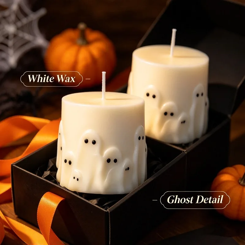 Halloween ghost pillar candles, each burns for 24 hours, cute ghost embossed decorative candles, available in packs of 2 or 4