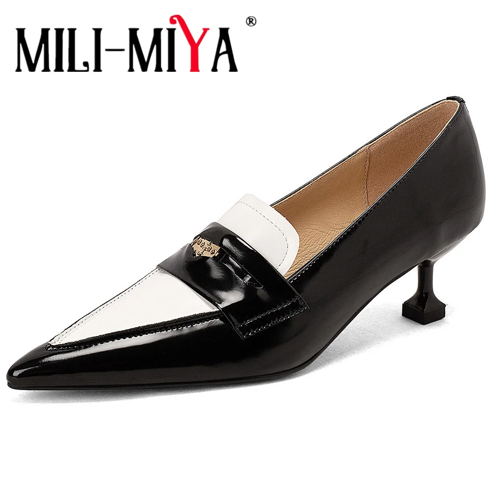 MILI-MIYA Fashion Mixed Color Brand Style Women Cow Leather Pumps Pointed Toe Low Thick Heels Slip On Big Size 34-43 Handmade