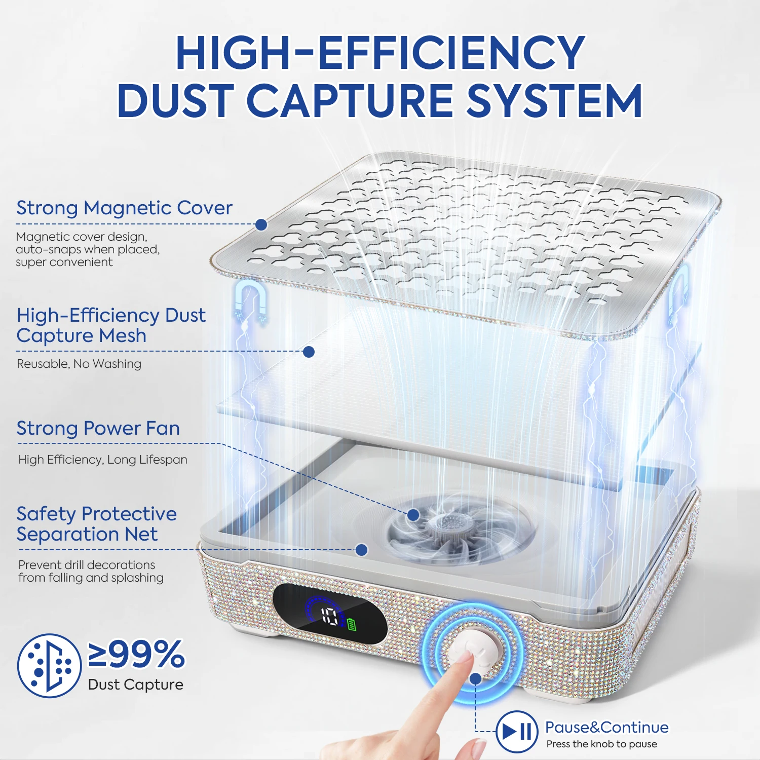 520Pa 강력한 흡입력, HEPA 필터, 10단계 조절 및 2600mAh 충전식 배터리를 갖춘 전문가용 네일 먼지 수집기