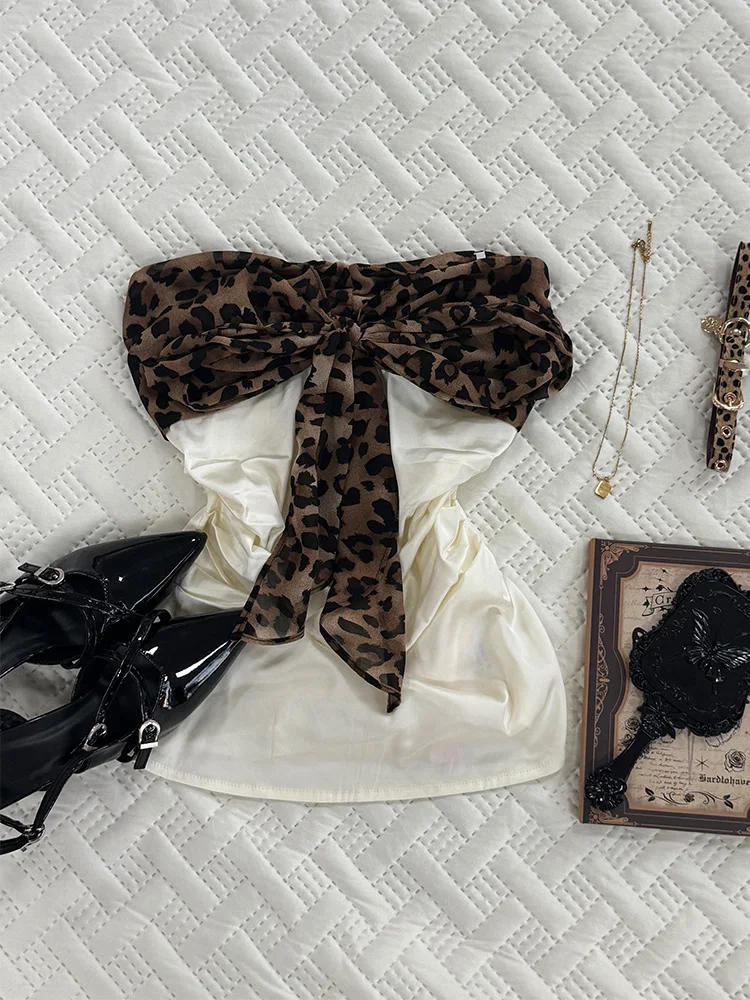 Pure Desire Y2K T-irt Women's Leopard Print Bow Tie Tube Top New 2025 Retro Vintage Sle Commute Slim Fit Cotton Blend