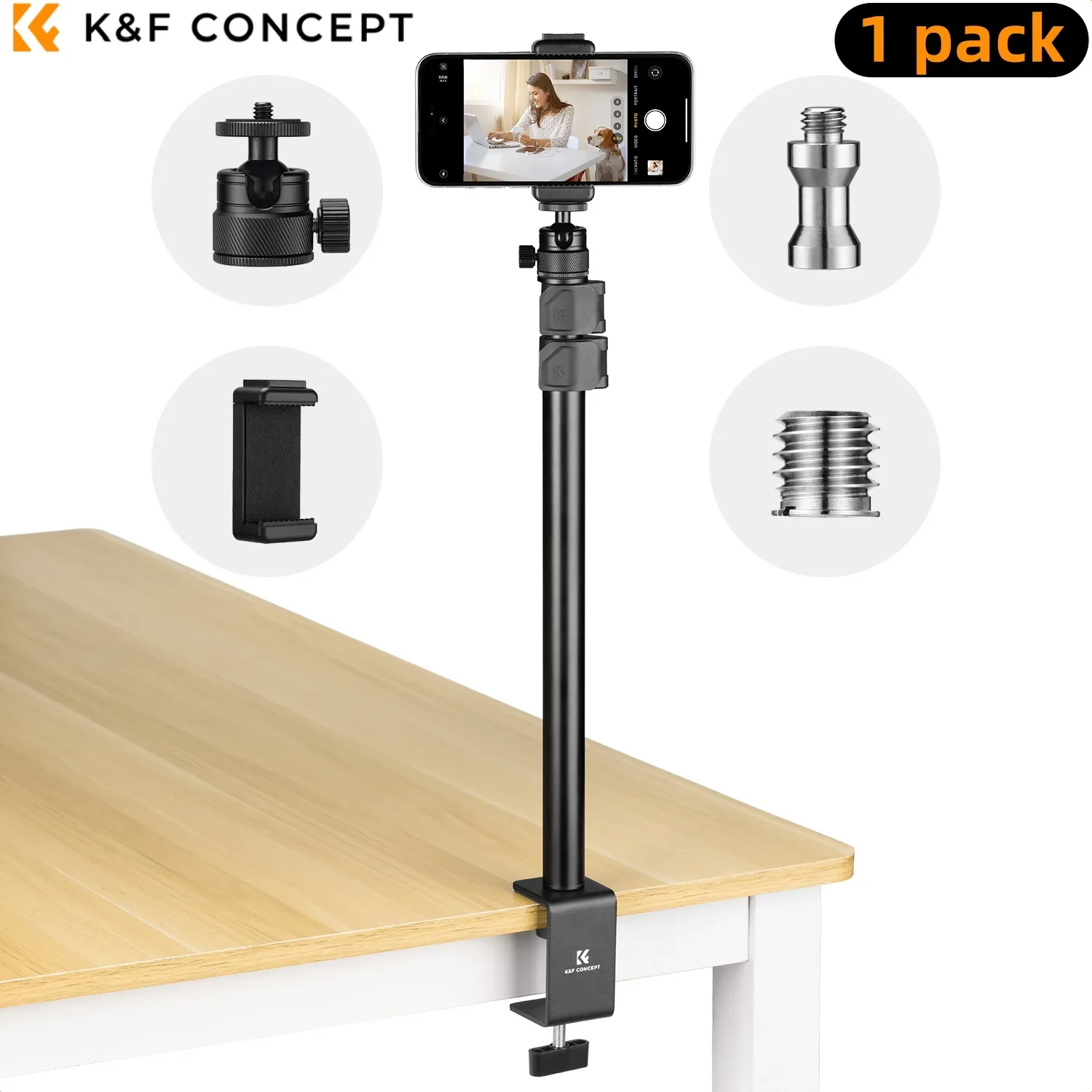 K&F CONCEPT Camera Bureaubeugel 360° ° Balhoofdtelefoonclip 1/4"-3/8" Schroef 16"-37" Verstelbare lichtstandaard C-klem voor DSLR, Webcom
