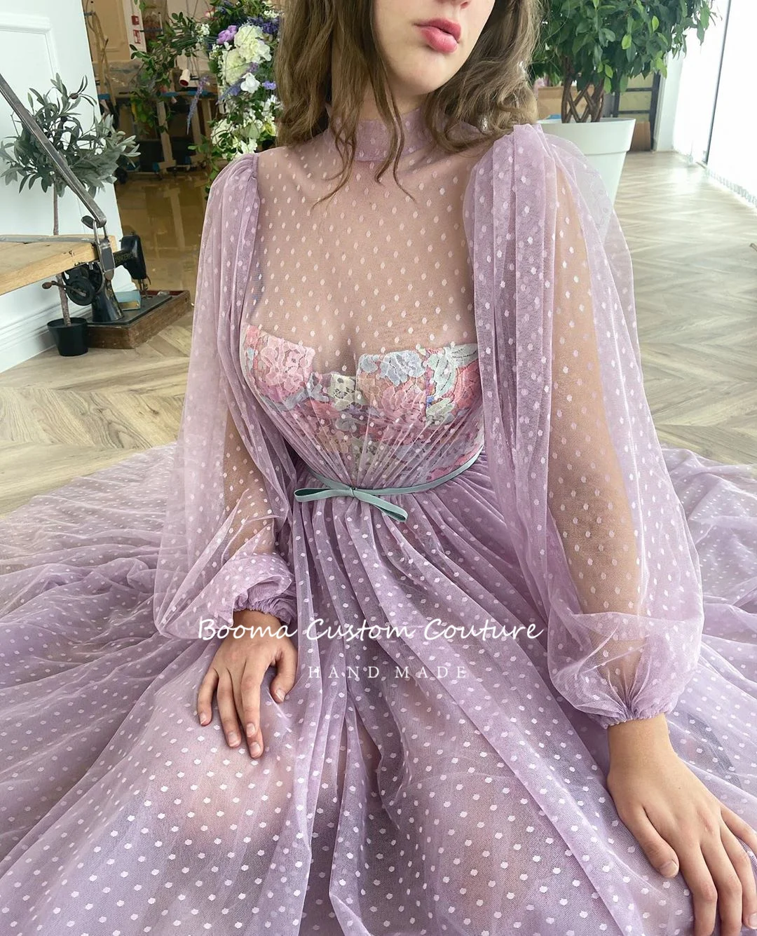 Lavender Tinggi Leher Prom Gaun Lengan Panjang Polka Dots Tulle Teh-Panjang Gaun Malam Warna-warni Appliques Formal Pesta Busana