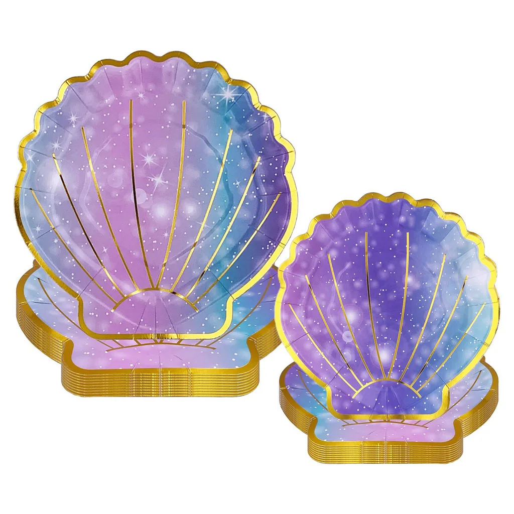 Mermaid Shell Shape Plates Hot Stamping Gold Mermaid Shell Theme Tableware Kids Girls Happy Little Mermaid Birthday Party Decor