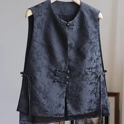 Chinese Vest Luxury Jacquard Qipao Tops Women Tang Clothes Vintage Mandarin Collar Jacket Vests Waistcoats Outerwear Female