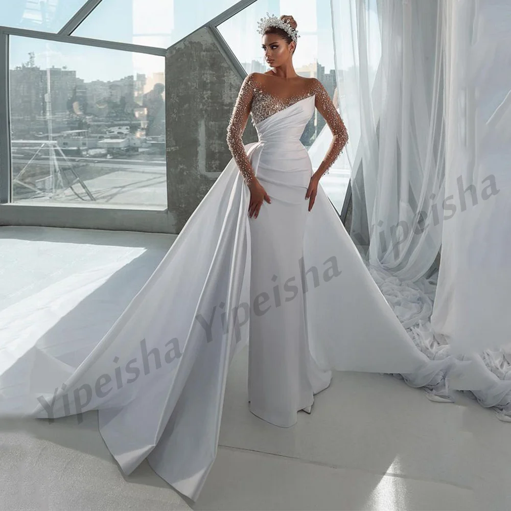 Wedding Dress with Detachable Skirt Luxury Beading Stones Satin Bridal Gown Saudi Arabic Bride Dresses Africa Vestido De Noiva