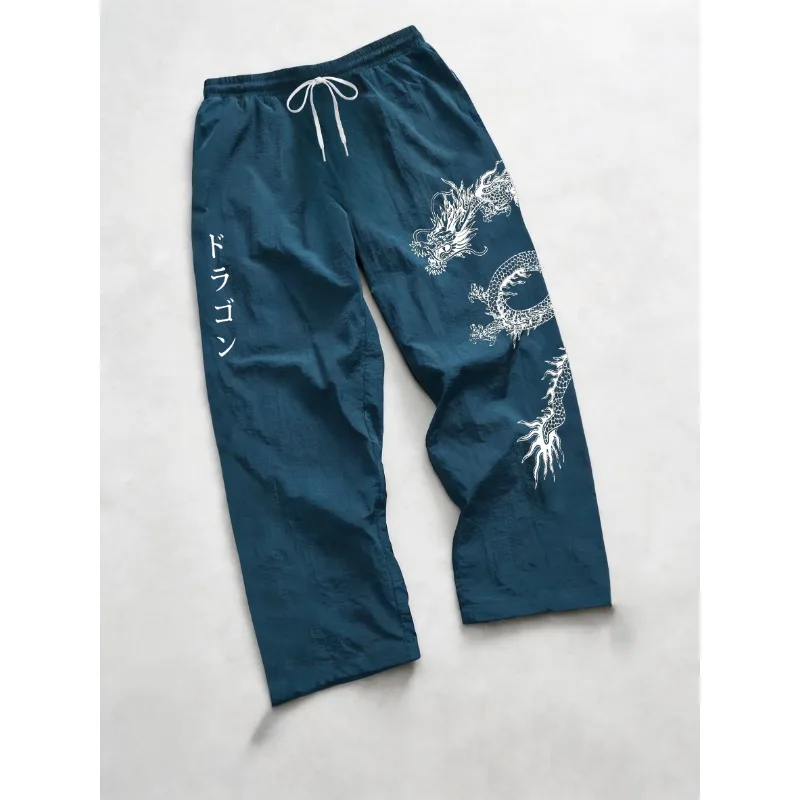 2026 Men's Spring Summer Dragon Print Baggy Nylon Pants, Streetwear Joggers for Gym Workout & Casual Daily Wear, Black & Blue